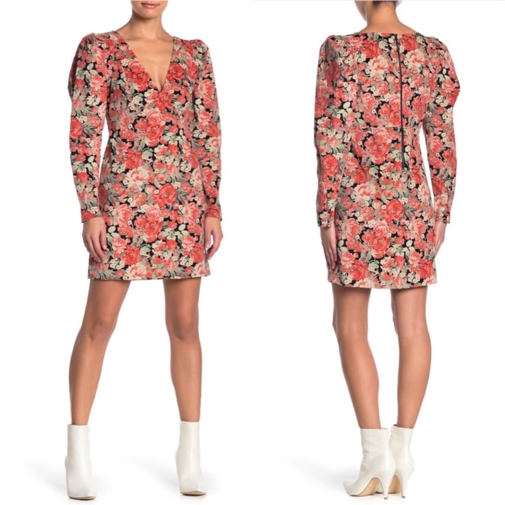 Free People Kapowski Red Floral Corduroy‎ Mini Dress Puff Sleeve 4